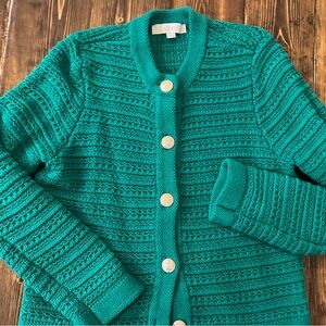 LOFT Kelly Green Textured Cardigan with Gold Buttons